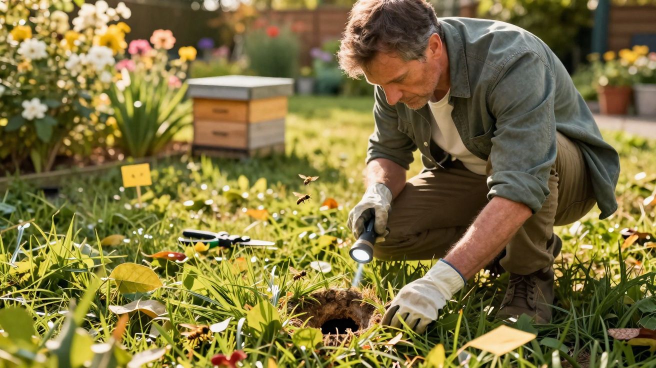 Homem com luvas usando lanterna para examinar buraco em jardim florido durante o dia.