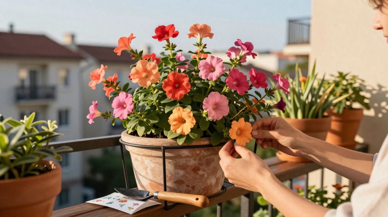 Pessoa cuidando de flores coloridas em vaso de cerâmica no parapeito de uma varanda ensolarada.