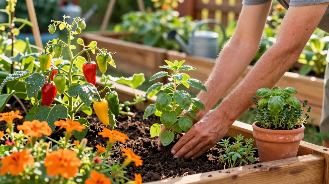 Pessoa plantando ervas em canteiros de madeira com pimentas e flores alaranjadas ao redor.