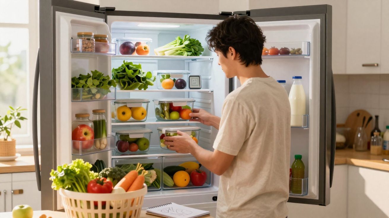 Pessoa branca de camiseta clara pega frutas em geladeira aberta com alimentos frescos em cozinha iluminada
