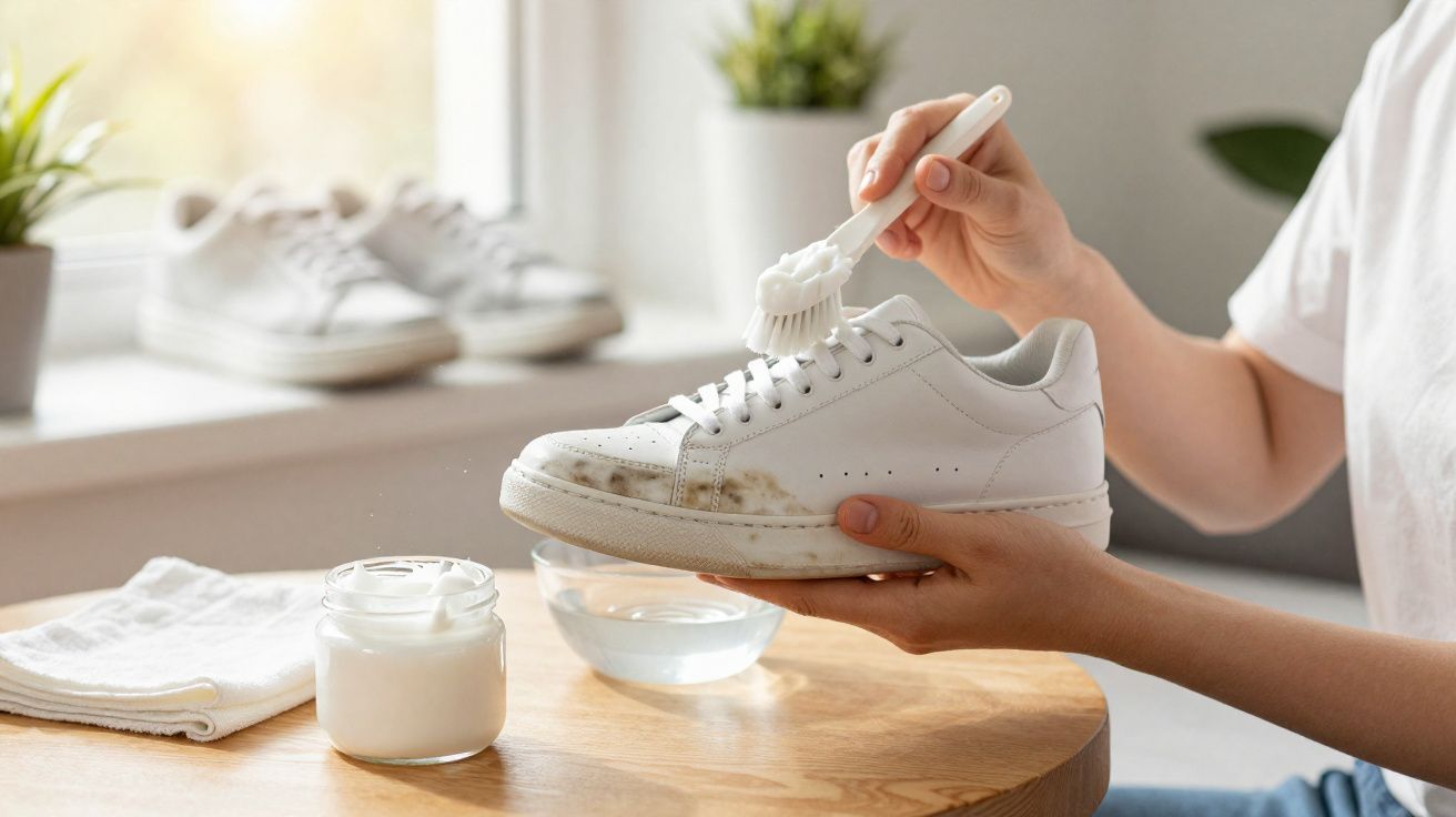 Pessoa limpando tênis branco sujo com escova e creme em ambiente interno iluminado.