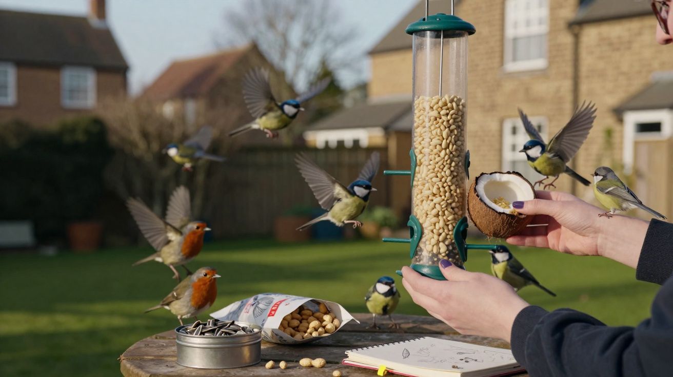Pássaros voando e pousados se alimentam em comedouro e coco na mão de pessoa ao ar livre em jardim.