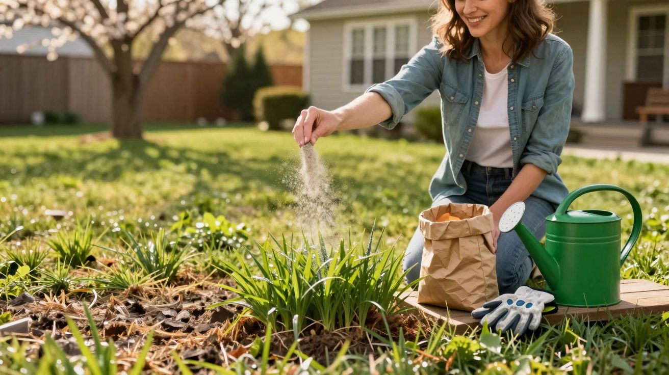 Mulher sorrindo semeando plantas em jardim, com regador e luvas ao lado, em dia ensolarado.