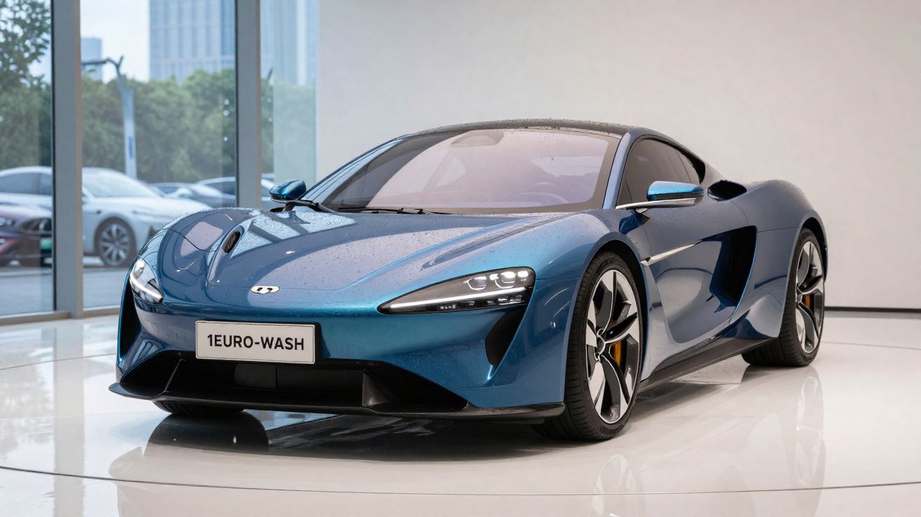 Carro esportivo azul metálico em showroom com faróis acesos e placa escrita 1EURO-WASH.