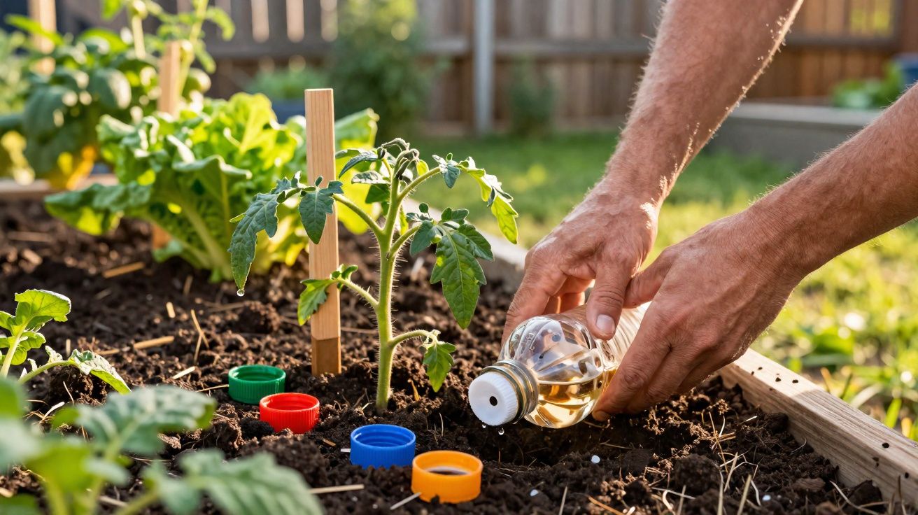 Pessoa regando planta jovem de tomate com regador improvisado em jardim ao ar livre.