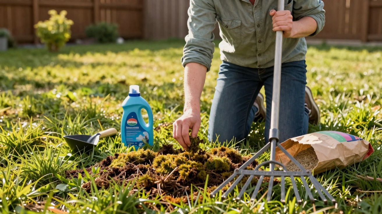Pessoa agachada no jardim cuidando do chão com ancinho, fertilizante e saco de matéria orgânica ao redor.