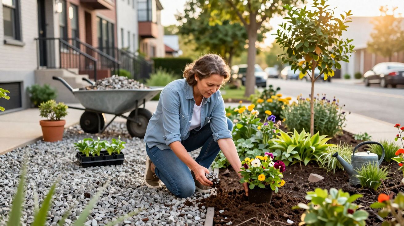 Mulher plantando flores coloridas em jardim urbano em dia ensolarado, com carrinho de mão ao fundo.