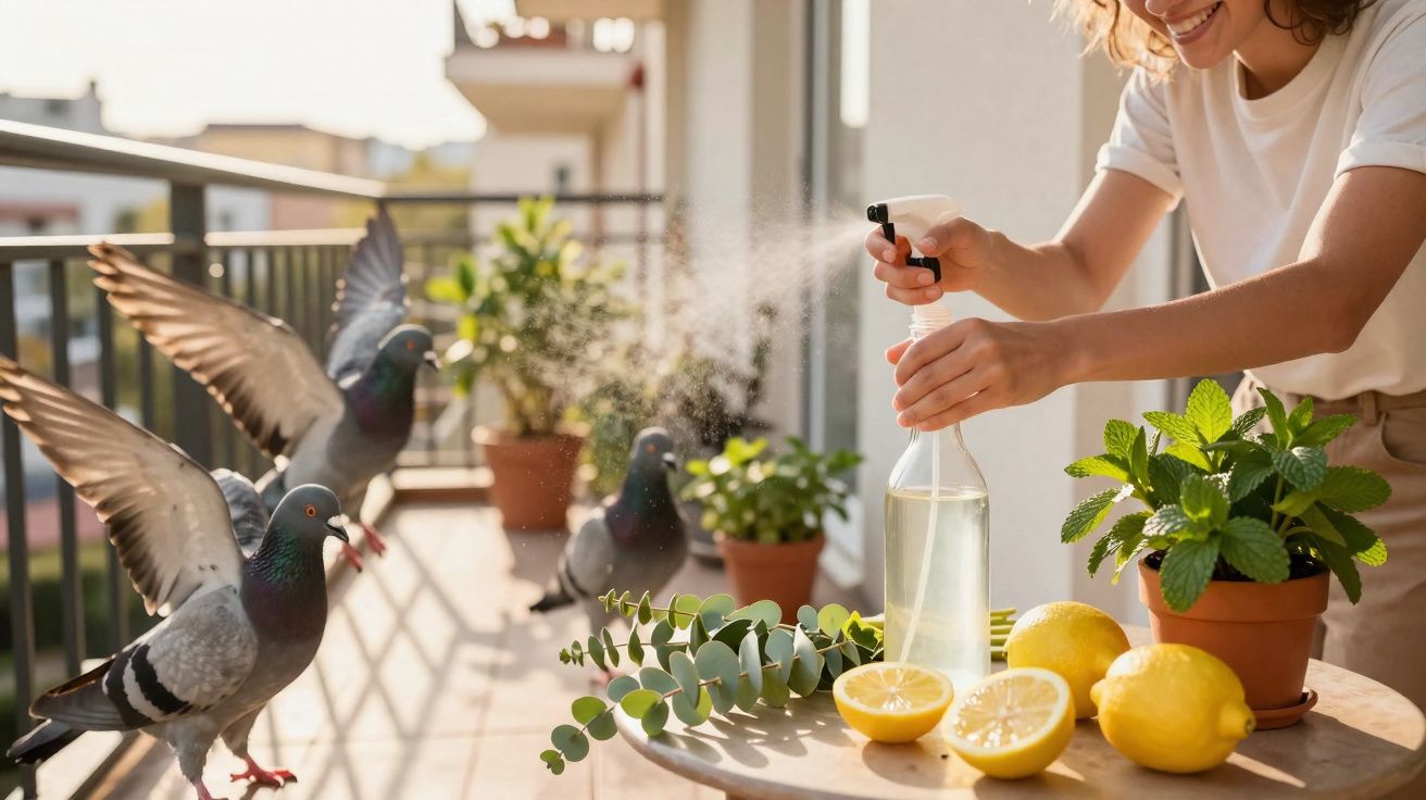 Pessoa borrifando água em pombos enquanto estão em uma varanda com plantas e limões em uma mesa.