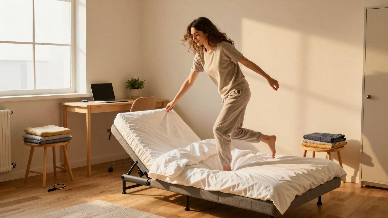 Mulher sorrindo pula em cama ajustável de um lado levantado em quarto iluminado pelo sol.