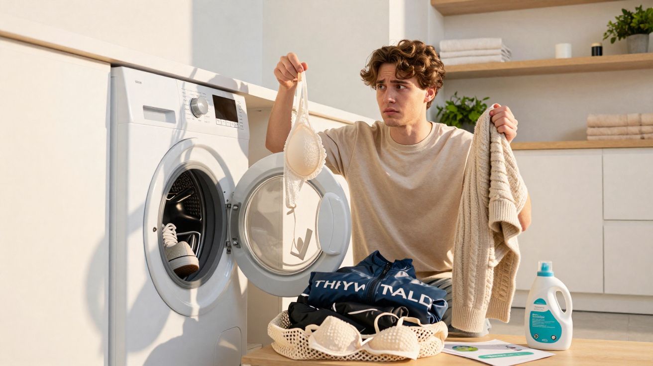 Jovem tira roupa da máquina de lavar com expressão preocupada em lavanderia moderna.