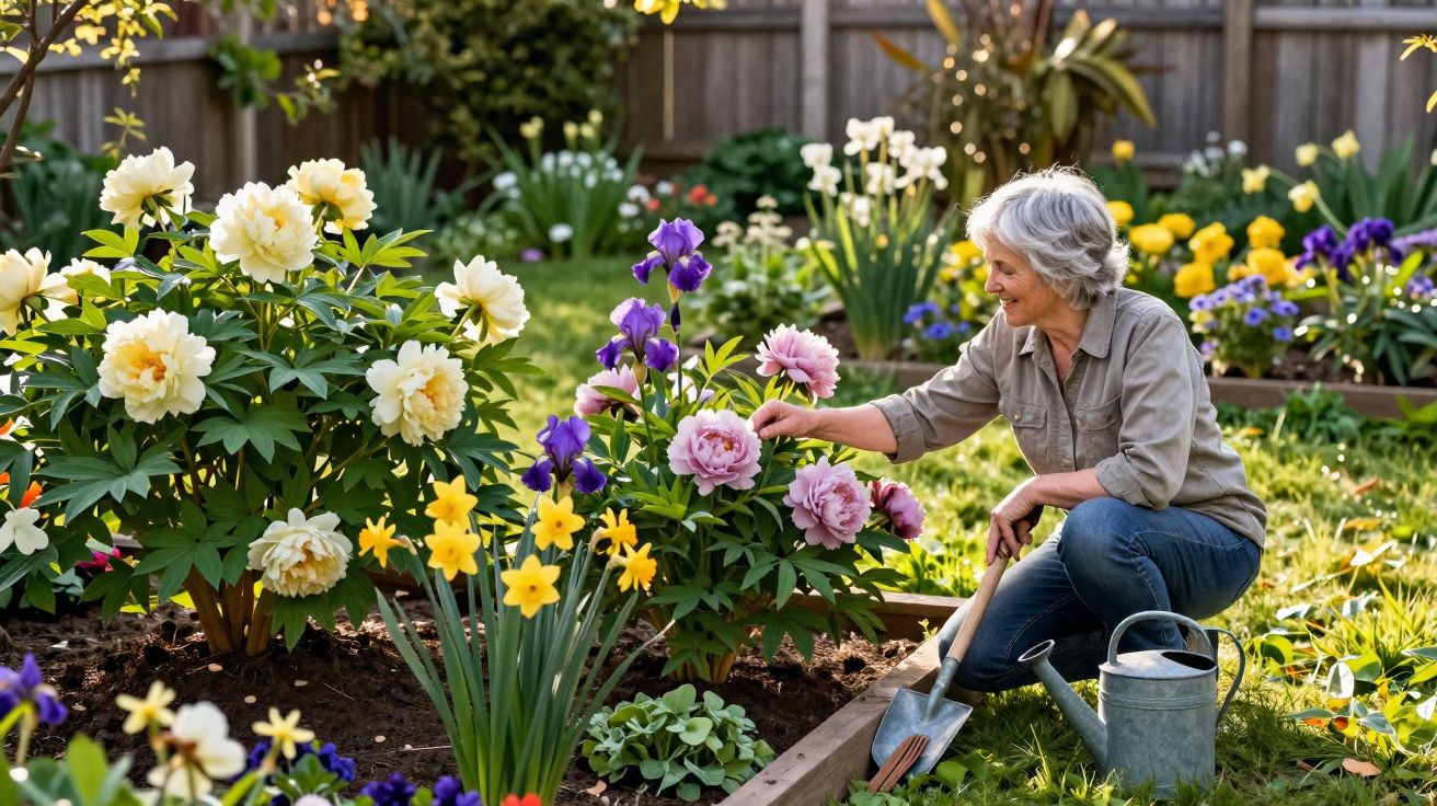 Mulher idosa cuidando de flores coloridas em jardim com regador e enxada.