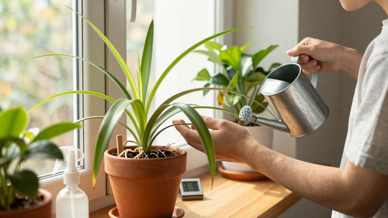 Pessoa regando planta em vaso de barro sobre o parapeito de uma janela iluminada.