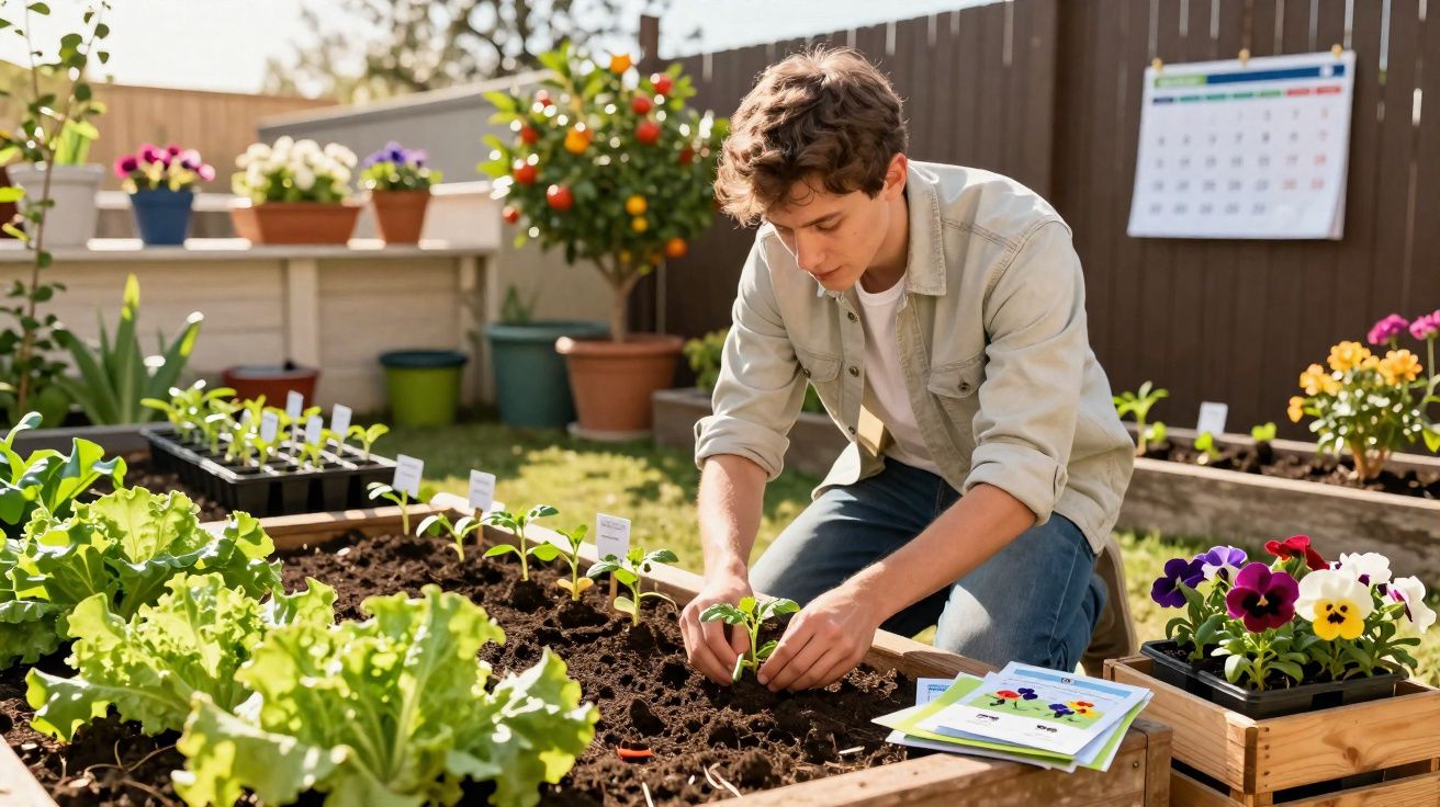 Jovem cuidando de mudas de plantas em canteiro de jardim com flores e hortaliças ao redor.
