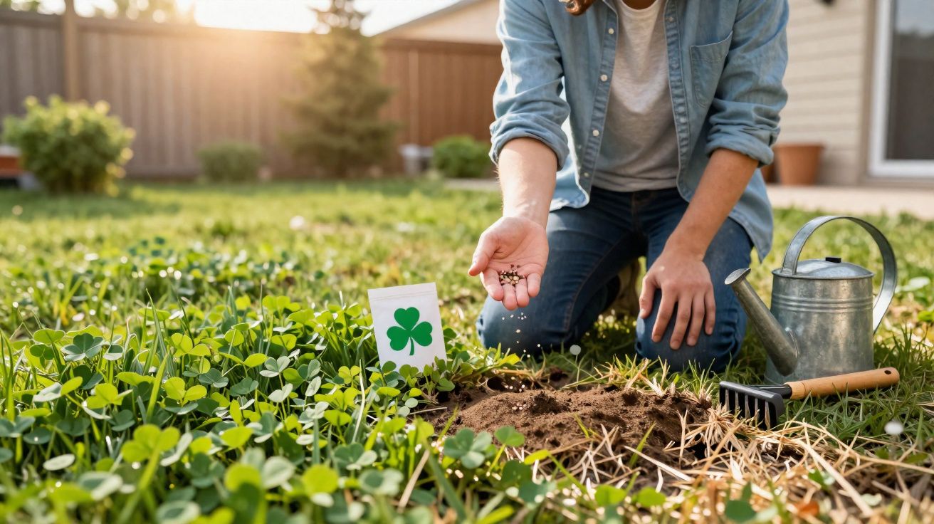 Pessoa plantando sementes de trevo em um jardim com regador e pazinha ao lado.