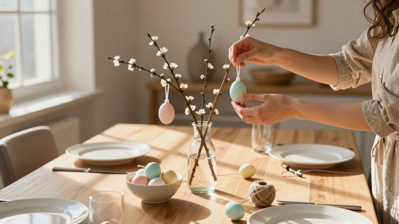 Pessoa decorando galho com ovos coloridos de Páscoa em mesa de jantar com pratos brancos.