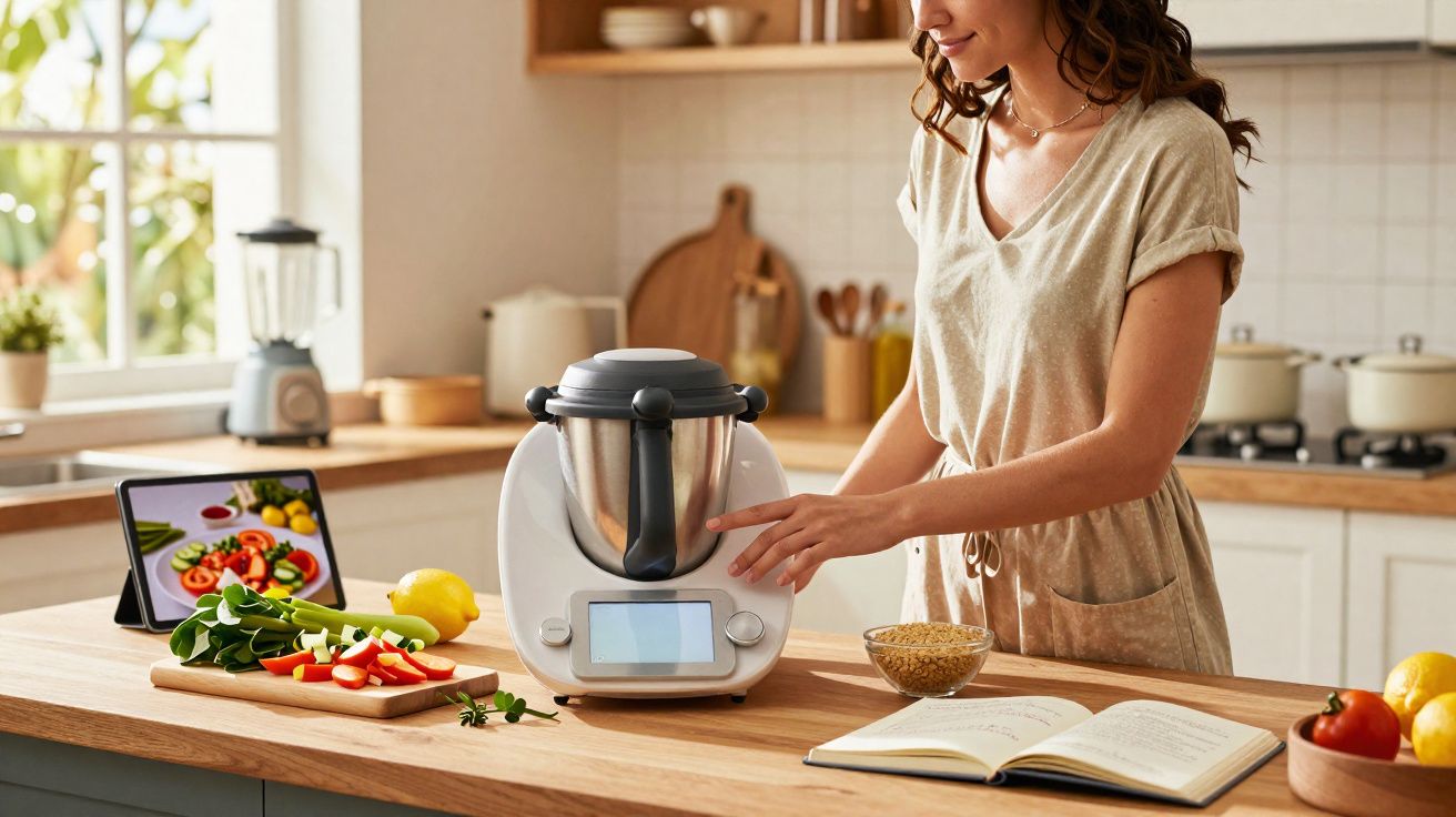 Mulher mexendo em processador de alimentos em cozinha com legumes, livro de receitas e tablet na bancada.