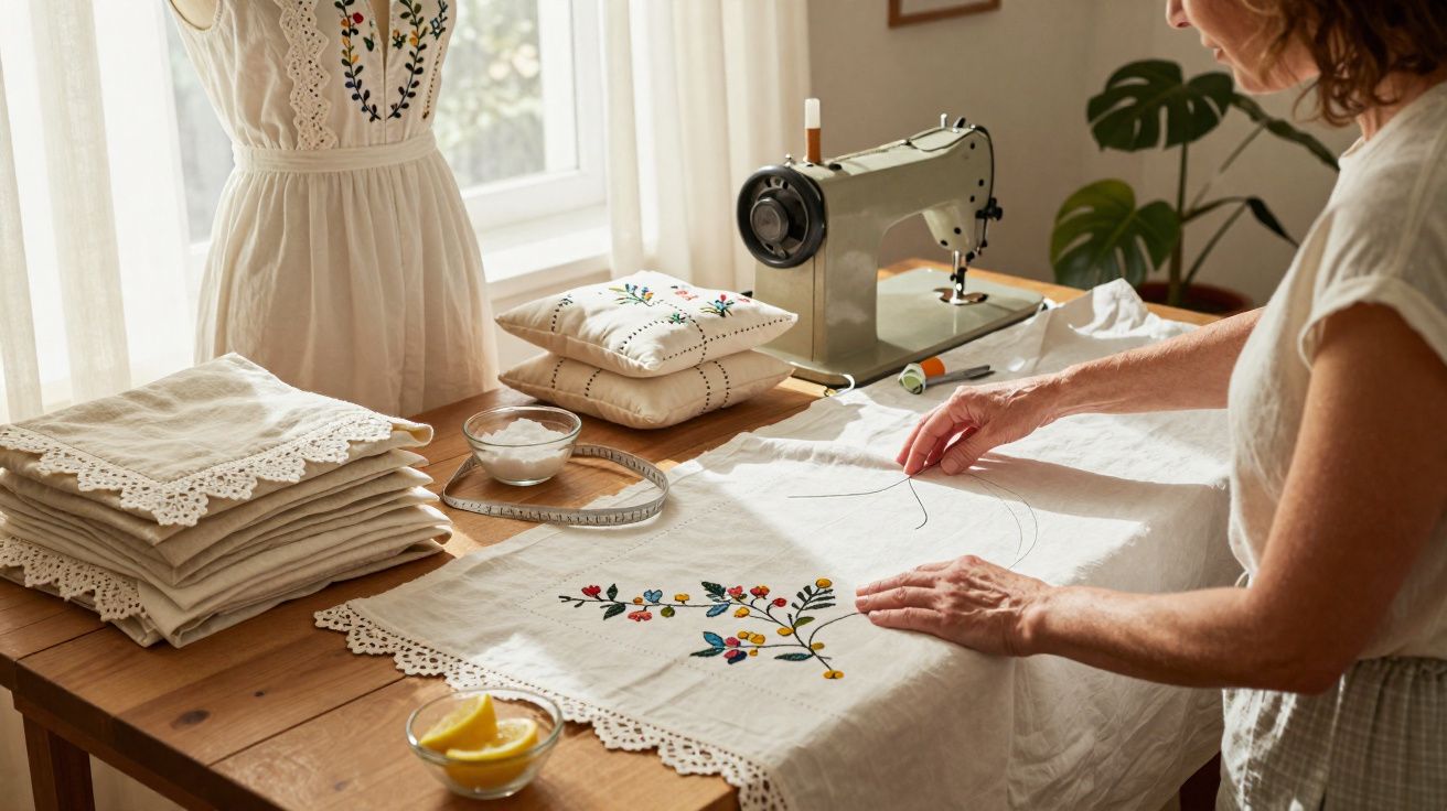 Mulher bordando peça de tecido com máquina de costura e itens de bordado em ambiente iluminado.