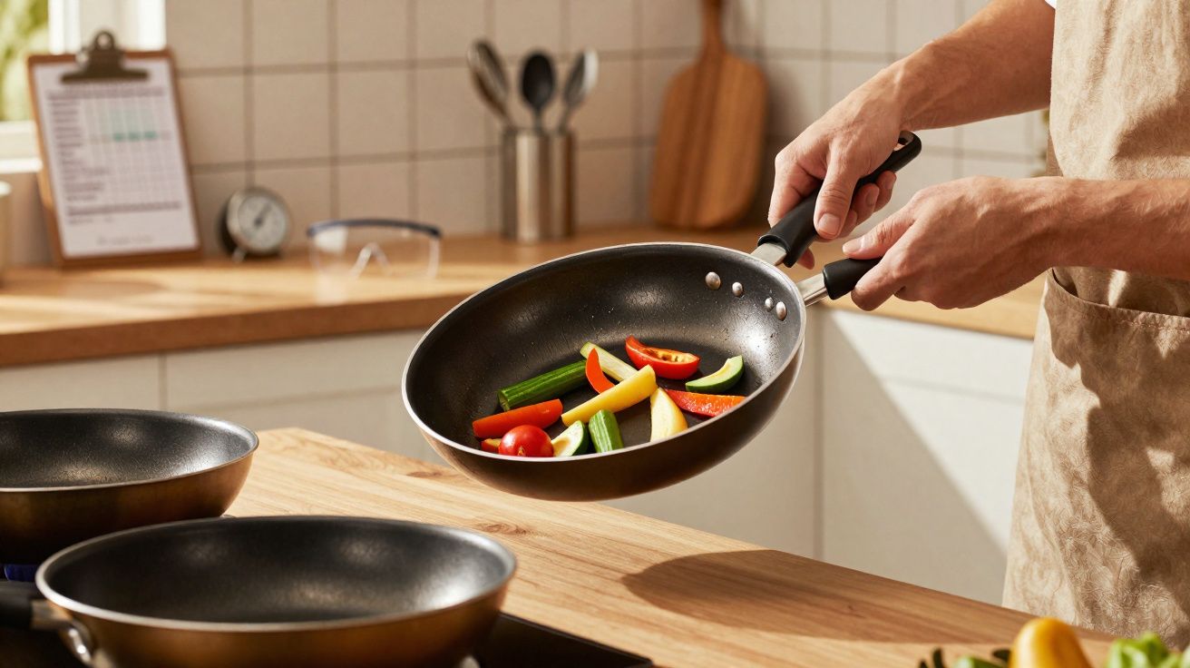 Pessoa mexendo legumes coloridos em frigideira na cozinha.