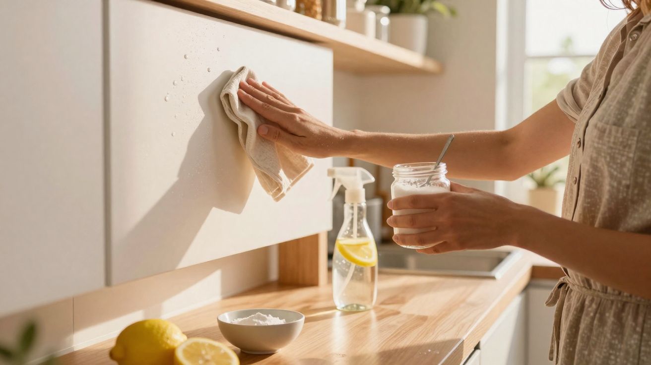 Pessoa limpando armário de cozinha com pano, segura pote branco e borrifador sobre bancada de madeira.