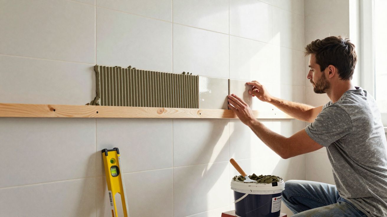 Homem instalando azulejos brancos na parede de um ambiente iluminado por janela.