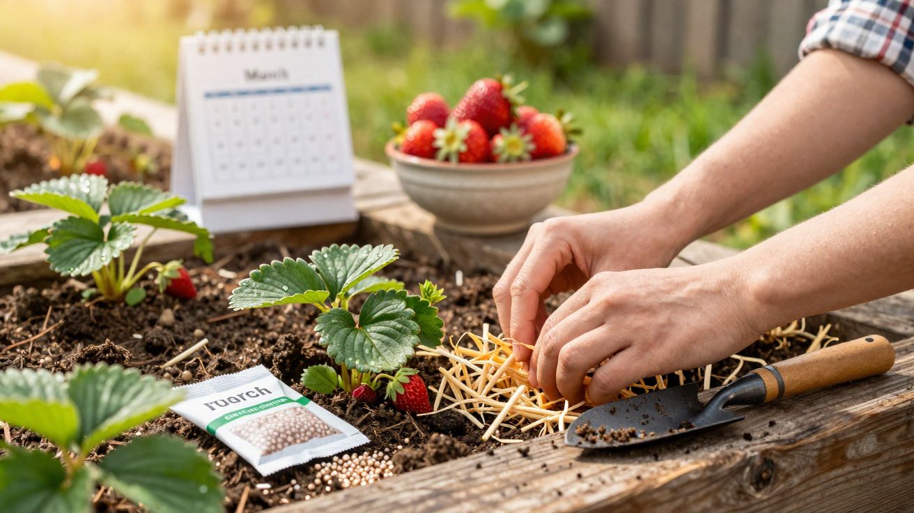 Mãos espalhando cobertura orgânica em plantação de morangos com calêndario e pote de morangos ao fundo.
