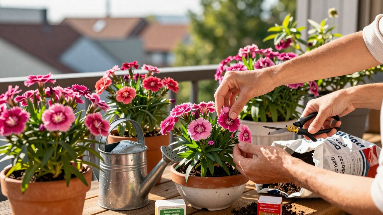 Pessoa cuidando e podando flores rosas em vasos de cerâmica em varanda ensolarada com regador metálico.
