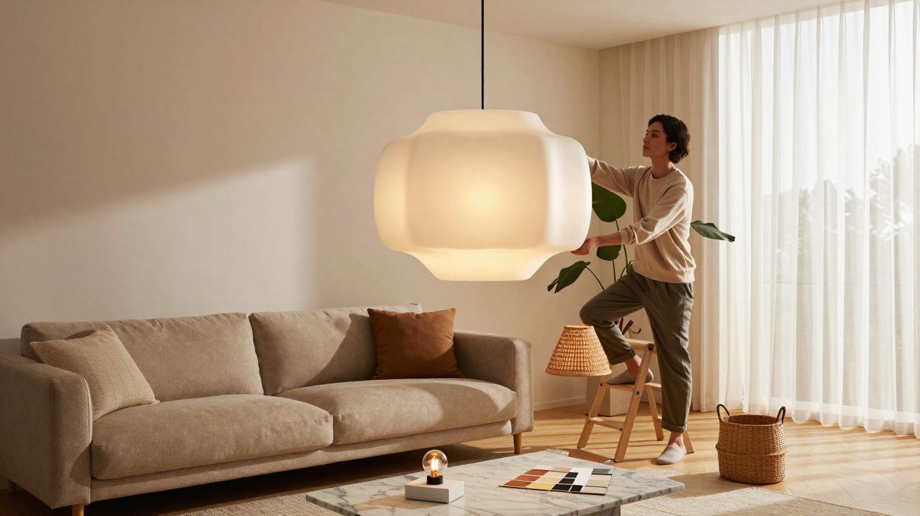 Mulher ajusta luminária pendente em sala de estar com sofá bege, mesa de centro e janela com cortina branca.