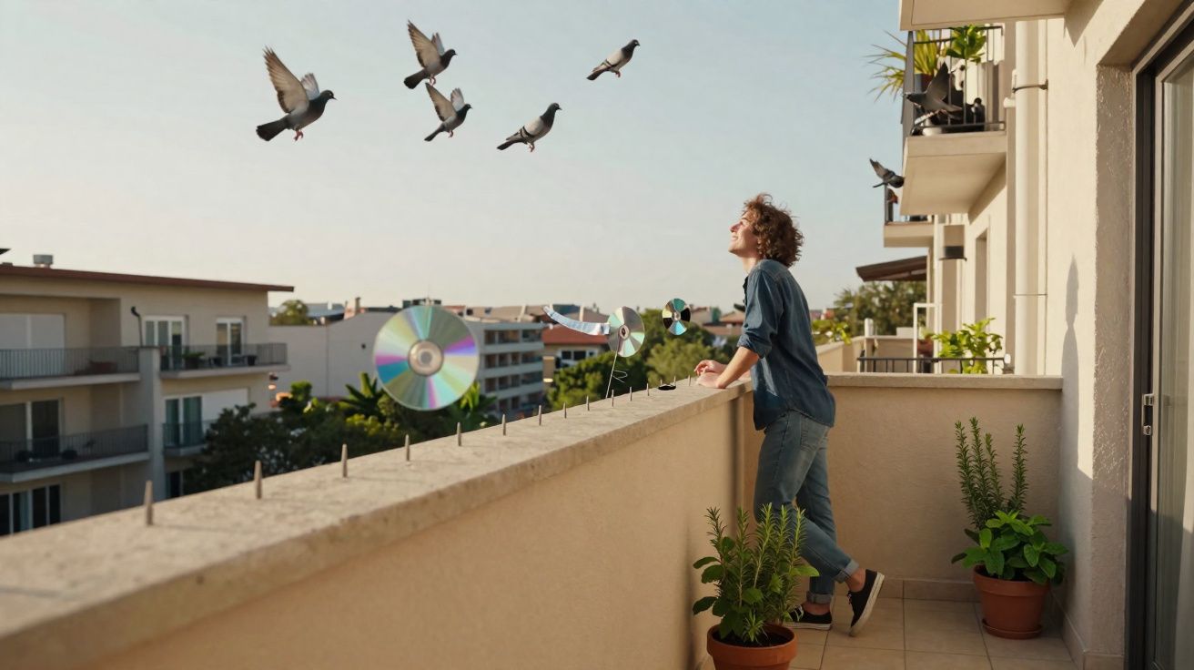 Pessoa em sacada olhando para pombos fugindo após CDs instalados para espantar aves no parapeito.