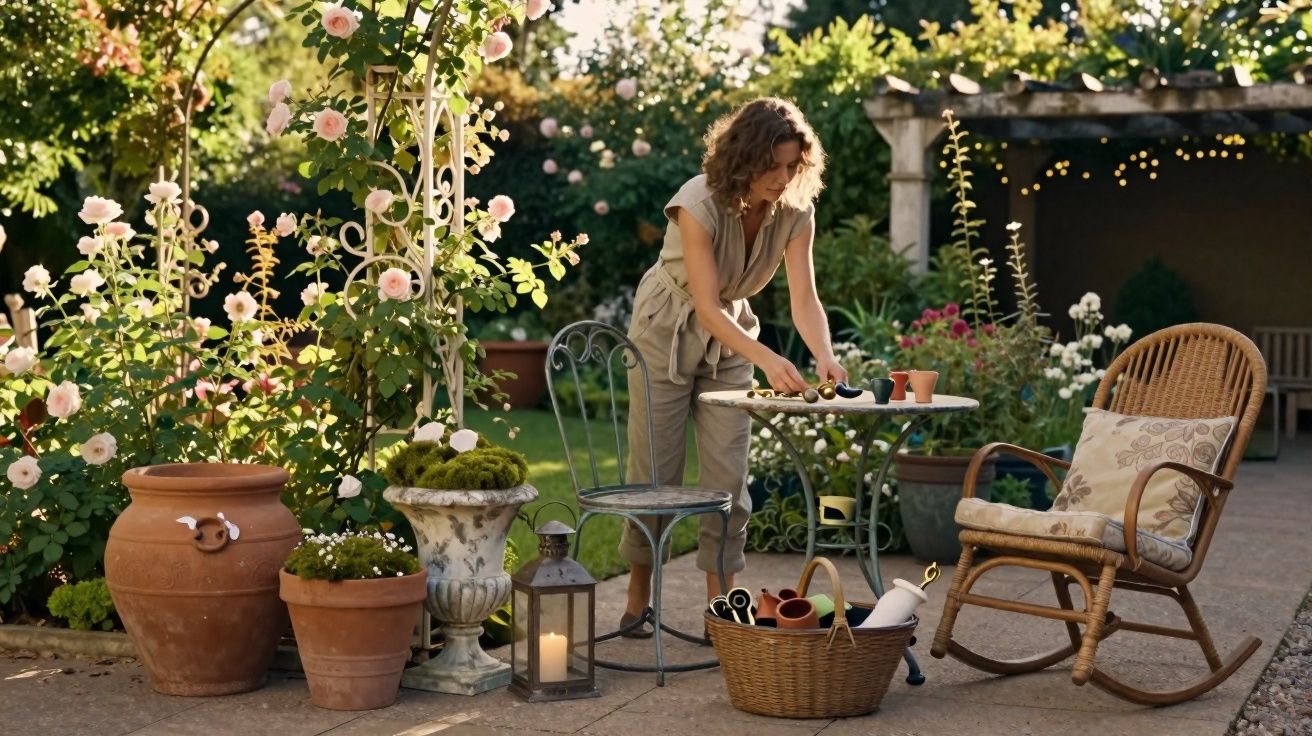 Mulher preparando vasos em mesa de jardim cercada por flores, cadeiras e lanterna com vela acesa.