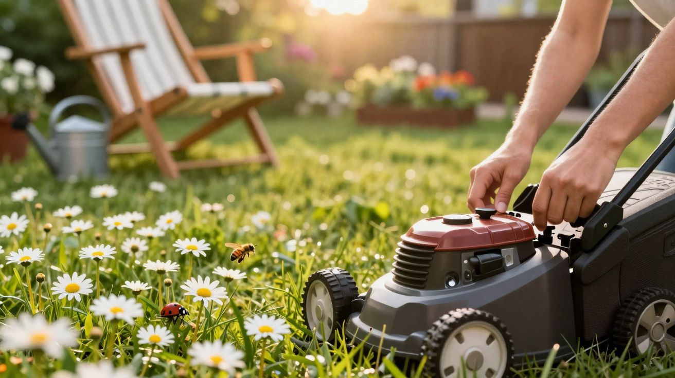 Pessoa ajusta cortador de grama em jardim com margaridas, joaninha e abelha ao pôr do sol.