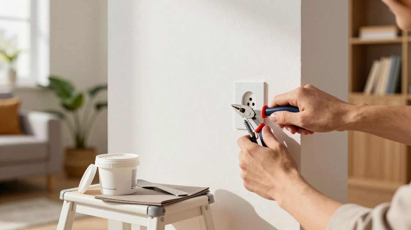 Pessoa usando alicate para consertar tomada elétrica em parede branca dentro de casa.