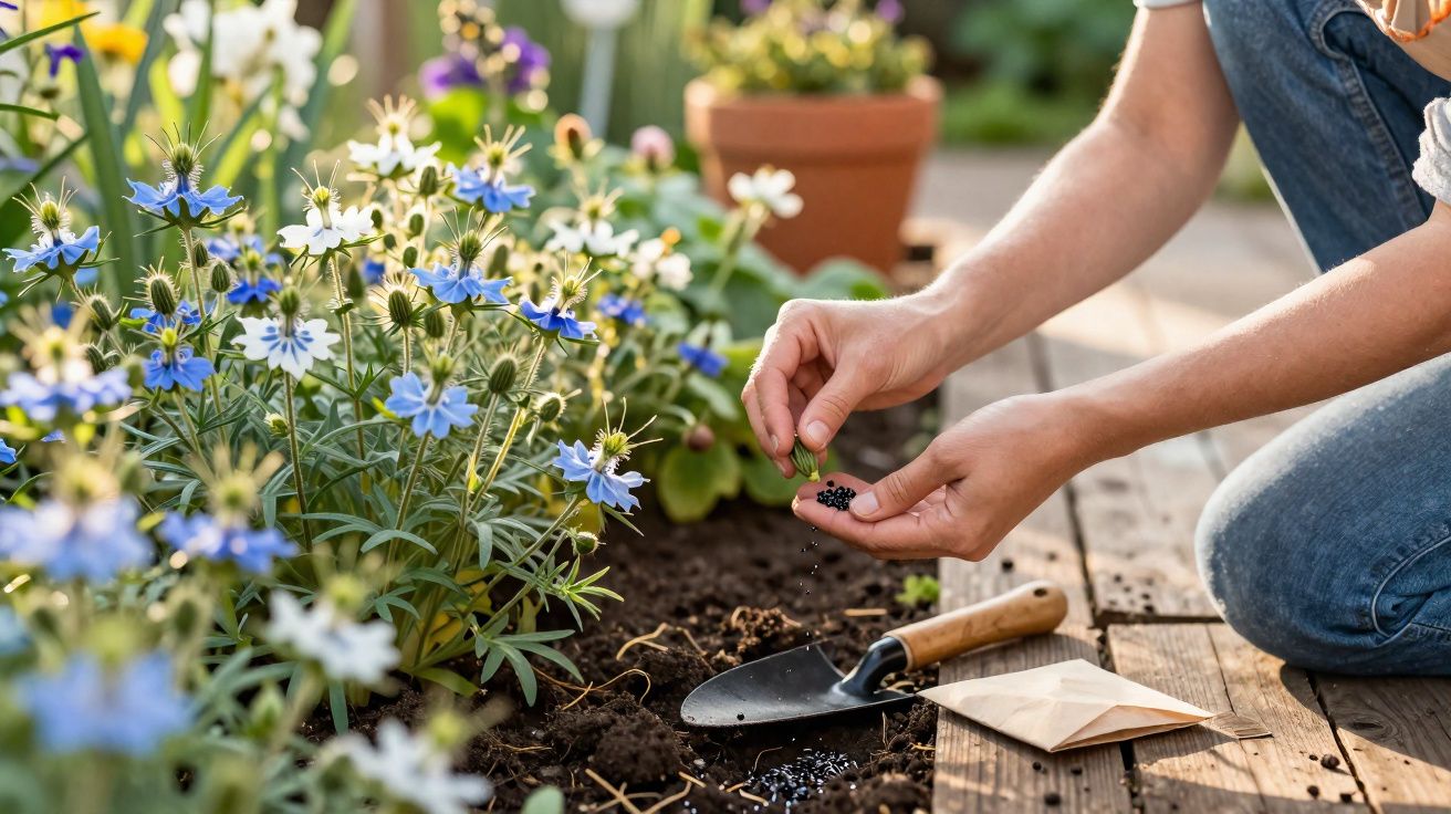 Pessoa plantando sementes de flores em jardim com flores azuis e brancas ao lado e pá de jardinagem.