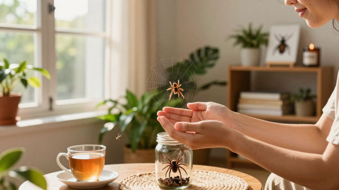 Pessoa soltando aranha de teia dentro de casa, com outra aranha em pote sobre mesa ao lado de xícara de chá.