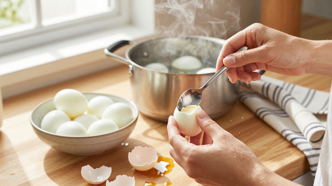 Pessoa descascando ovo cozido em cozinha com panelas, cascas e ovos em uma tigela na bancada de madeira.