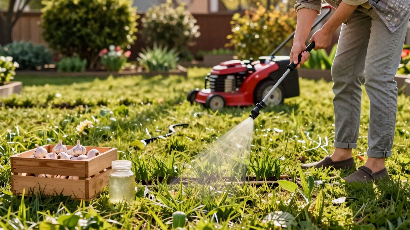 Pessoa regando plantas em um jardim com mangueira, ao lado de caixa de madeira com alho e pote de vidro.