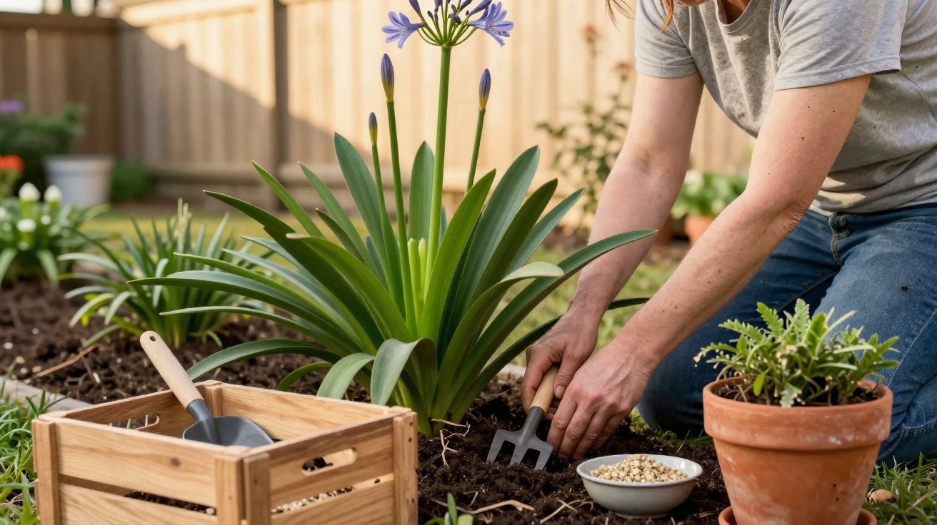 Pessoa plantando flores em um jardim com ferramentas e vaso de cerâmica ao redor.