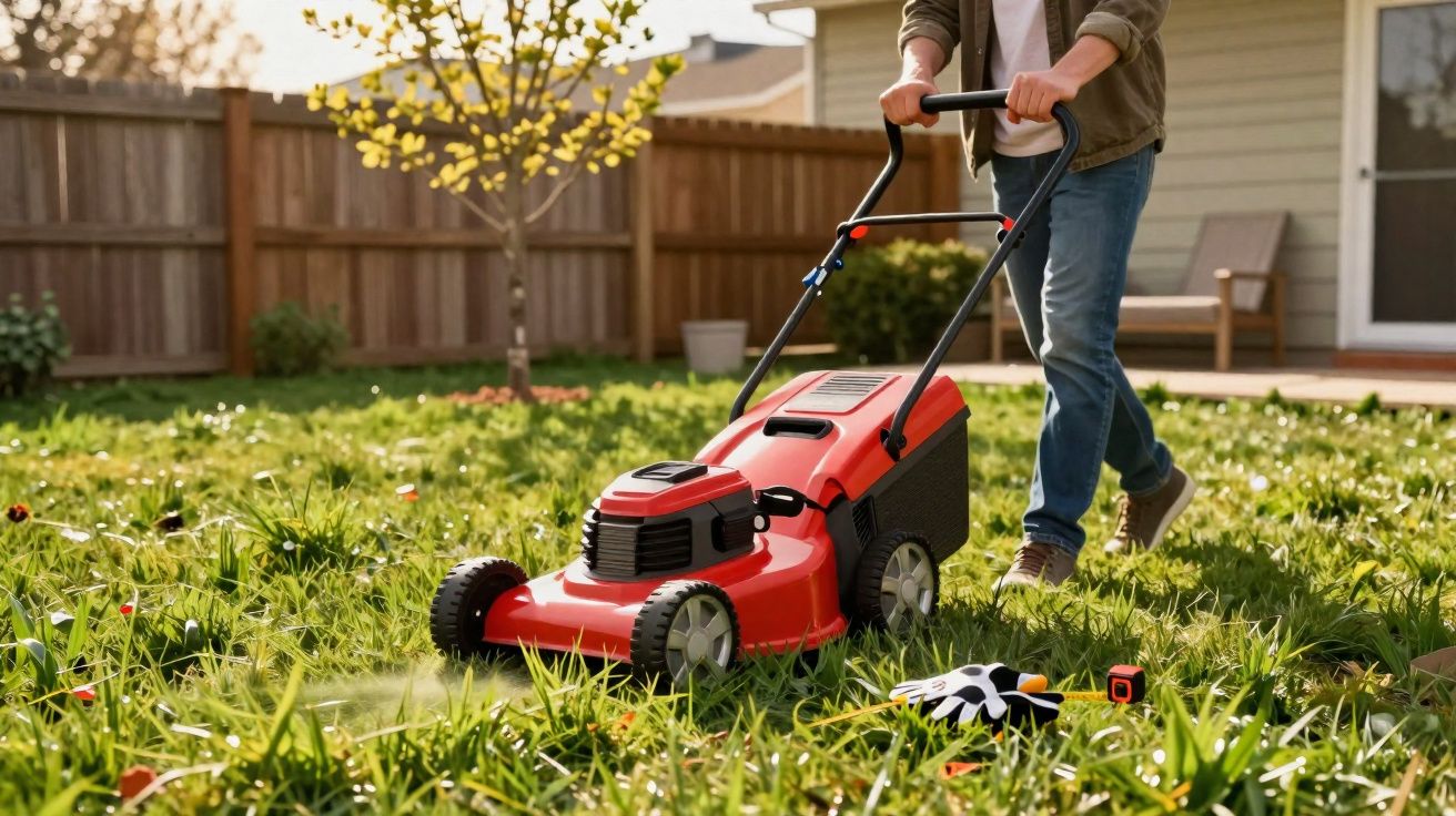 Pessoa cortando grama com cortador vermelho em jardim residencial ensolarado.