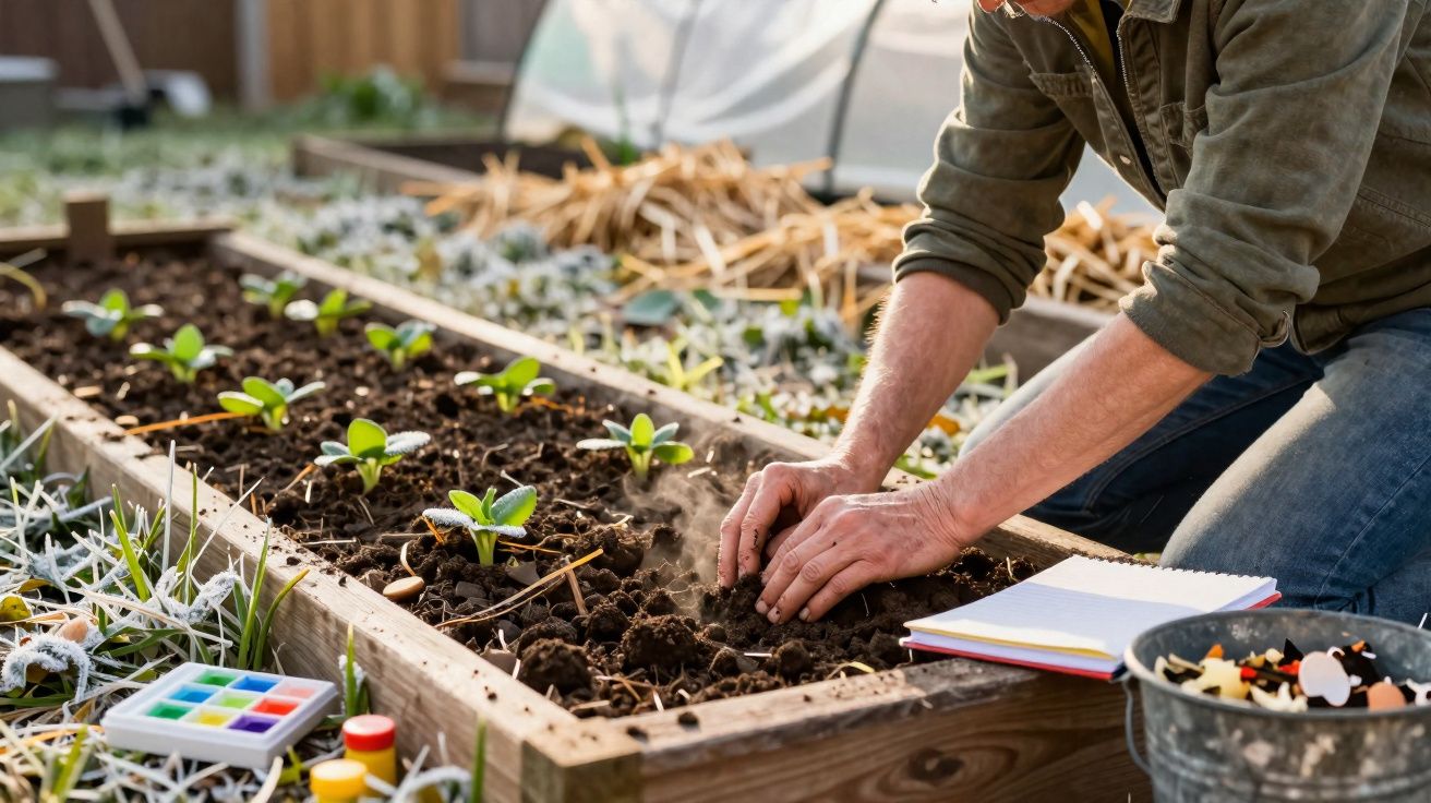 Pessoa plantando mudas em canteiro elevado em jardim, com caderno e tintas ao lado.
