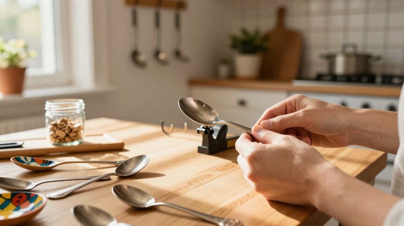 Mãos seguram colher para entortar sobre bancada com outras colheres e jarro com grãos ao fundo.