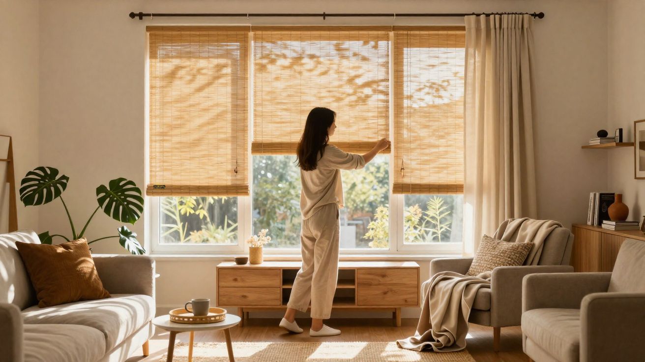 Mulher ajusta persiana de bambu em sala iluminada e decorada com móveis claros e plantas.