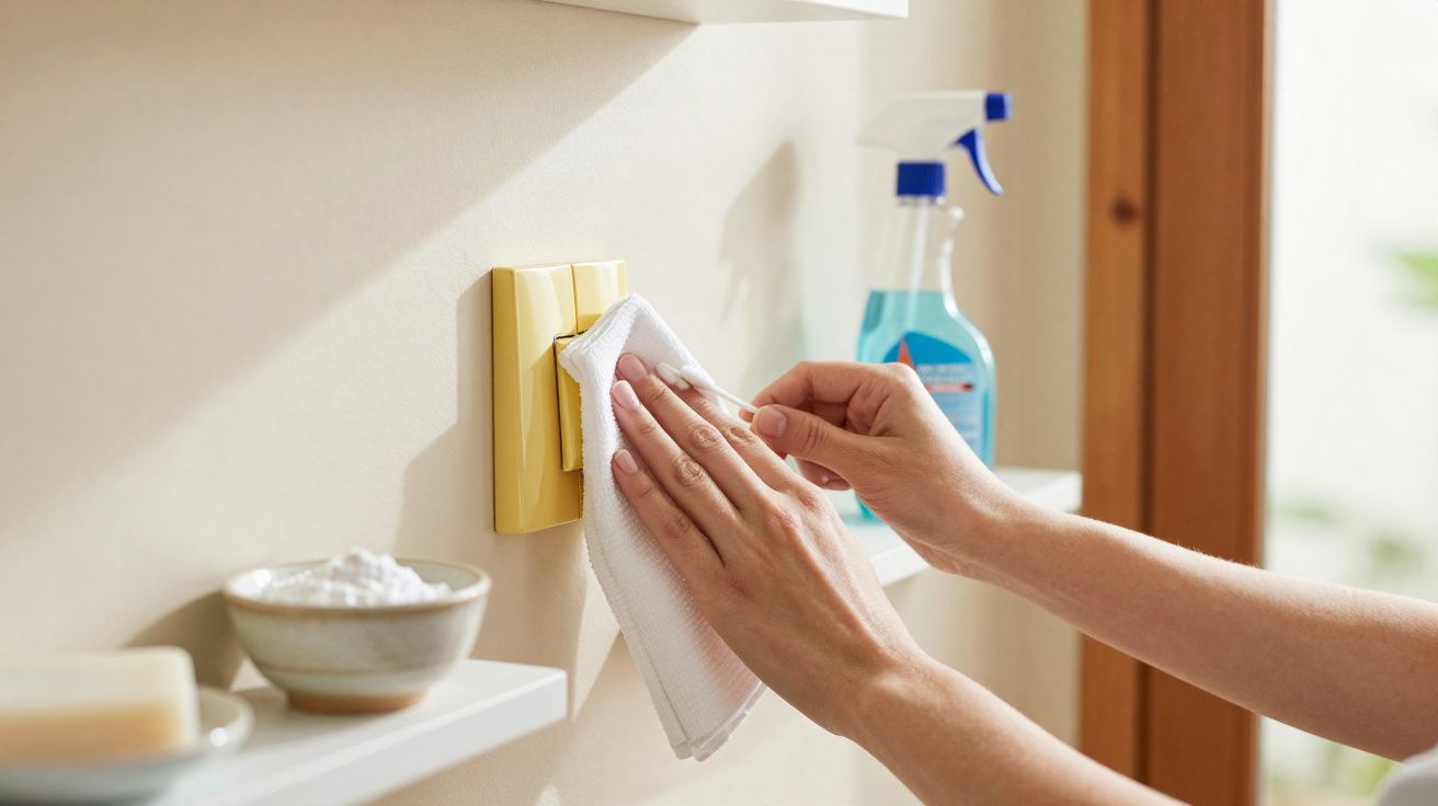 Mãos limpando botão de interruptor com pano branco, spray de limpeza e itens sobre prateleiras ao fundo.
