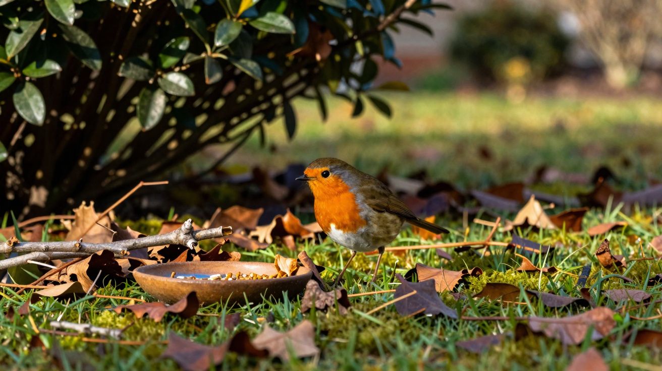 Pássaro de peito laranja em gramado com folhas secas próximo a um prato com comida sob arbusto.