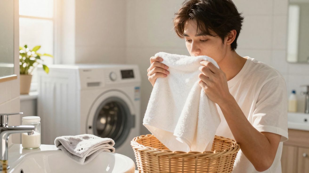 Jovem cheirando toalha branca ao lado de cesta de roupa suja em lavanderia com máquina ao fundo.