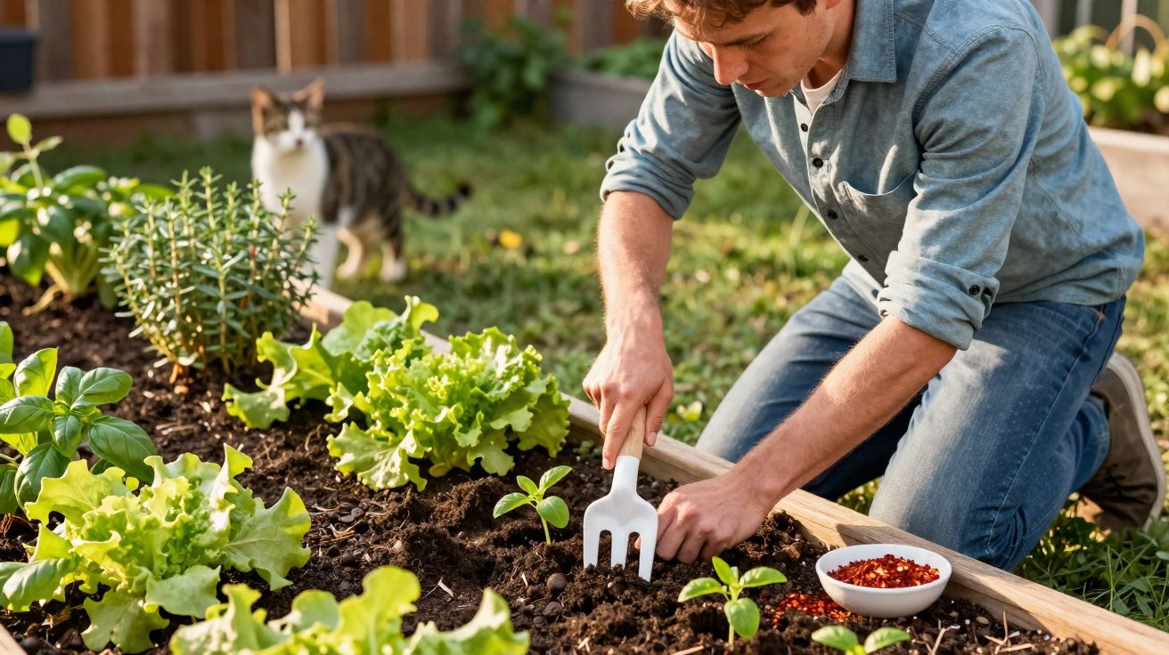 Homem cuidando de plantas em jardim enquanto gato observa ao fundo em dia ensolarado.