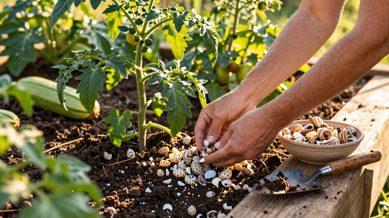 Mãos espalhando conchas decorativas ao redor de uma planta de tomate em um jardim ensolarado.