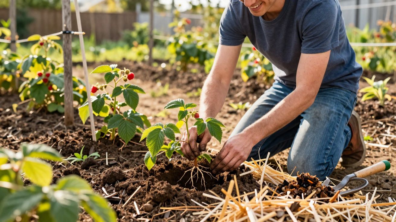 Pessoa plantando muda em jardim com terra e palha ao redor em dia ensolarado.