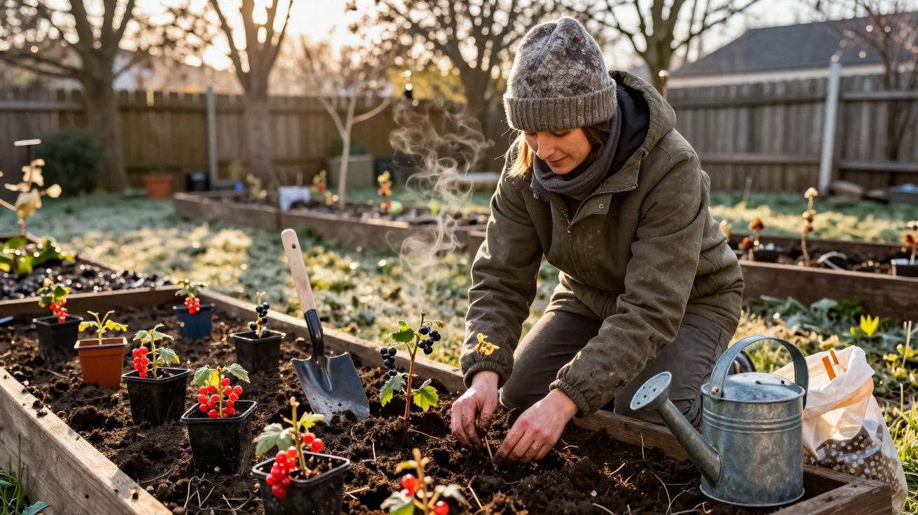 Mulher vestindo roupa de frio plantando mudas em canteiro com regador e pá ao lado em jardim ensolarado.