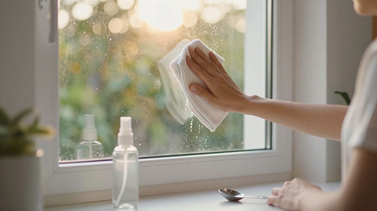 Pessoa limpando vidraça de janela com pano branco em ambiente iluminado pelo sol.