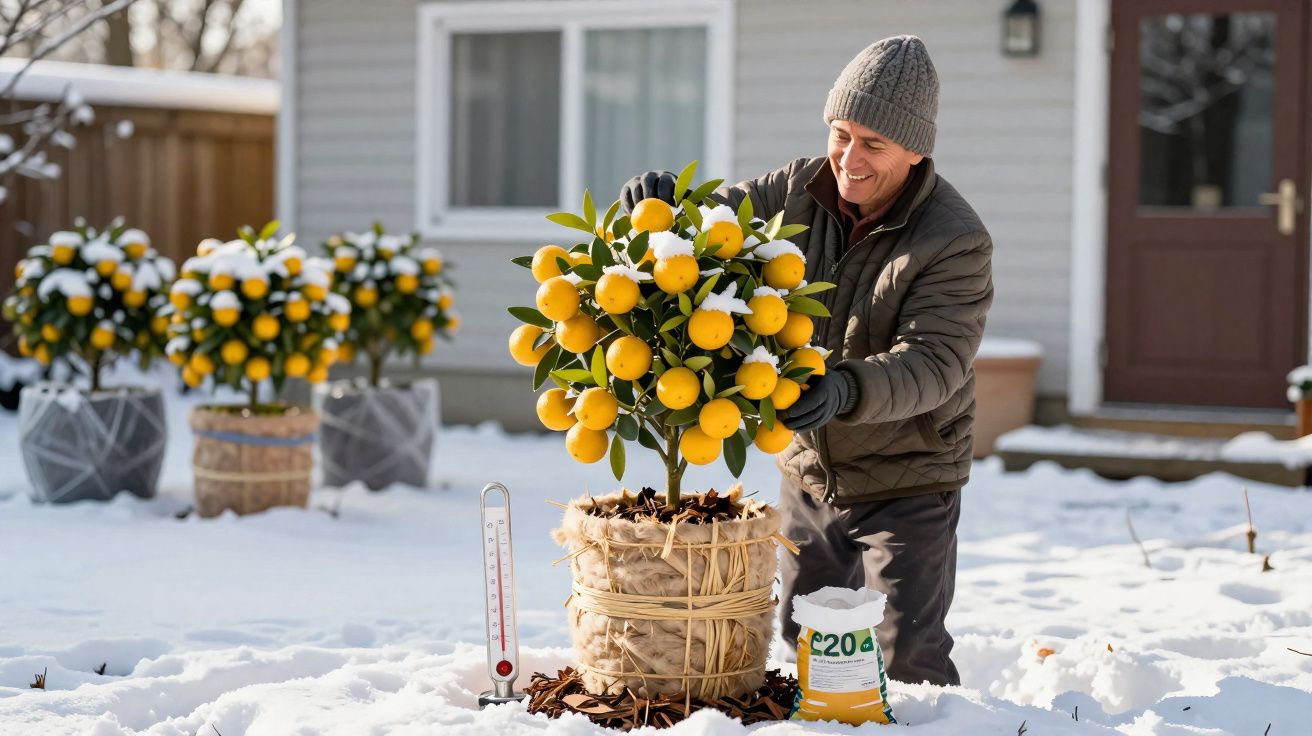 Homem cuidando de árvore de limão em vaso coberto de neve no jardim de casa no inverno.