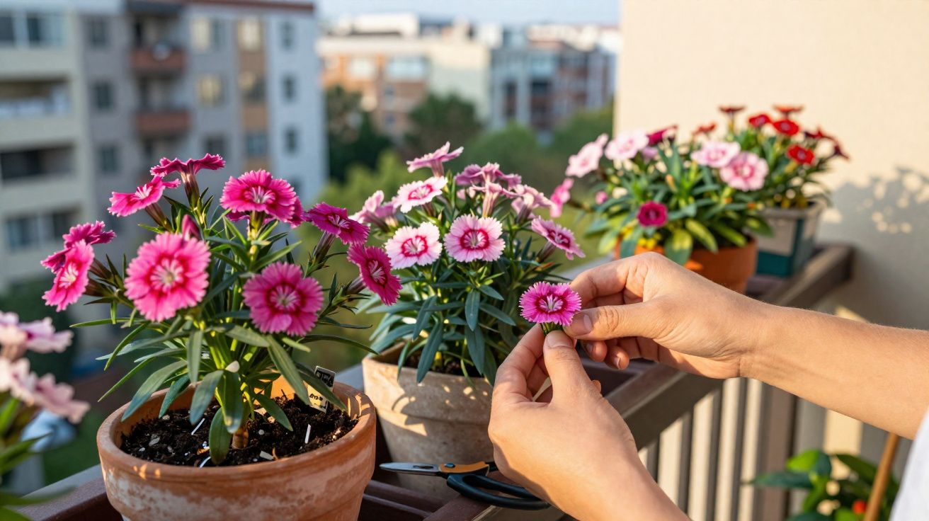 Mãos cuidando de flores rosas em vasos no parapeito de uma varanda com prédios ao fundo.